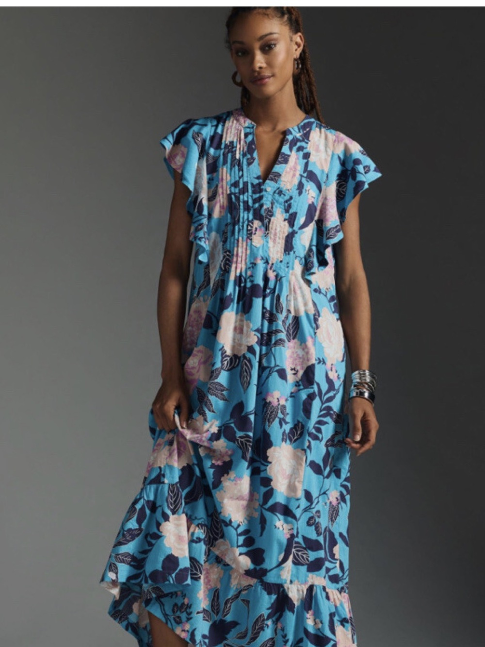 Anthropologie NWT Blue Floral Cassandra Maxi Flutter Sleeve Dress Medium